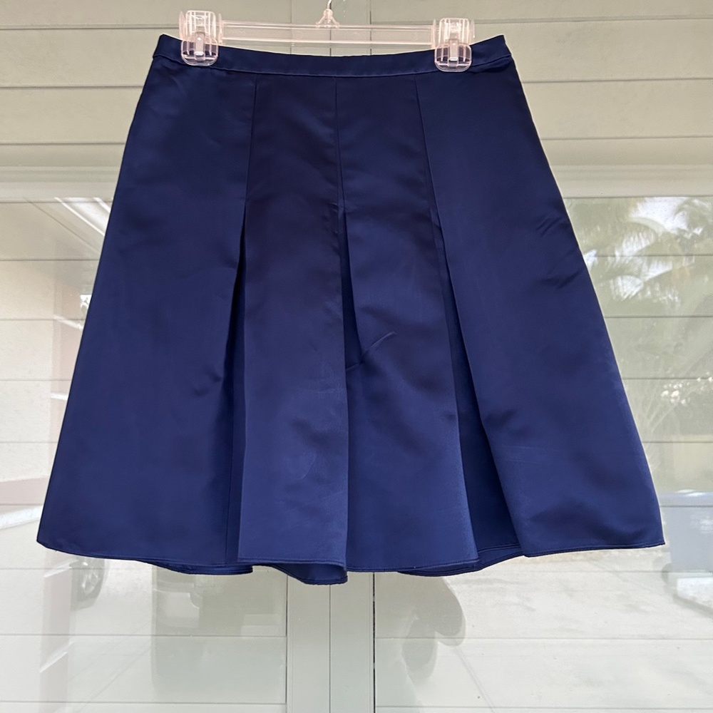 ANN TAYLOR Navy Blue 100% Silk/Acetate Mini Pleated Side Zipper Skirt Size 2